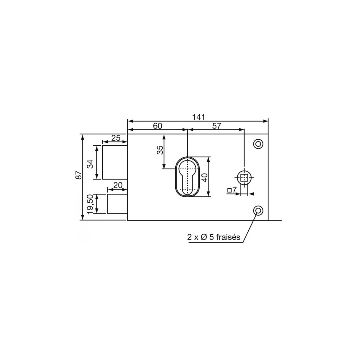 Serrure de grille en applique horizontale à clé à fouillot pour portail  gauche axe 58mm 140x82mm inox 2 clés