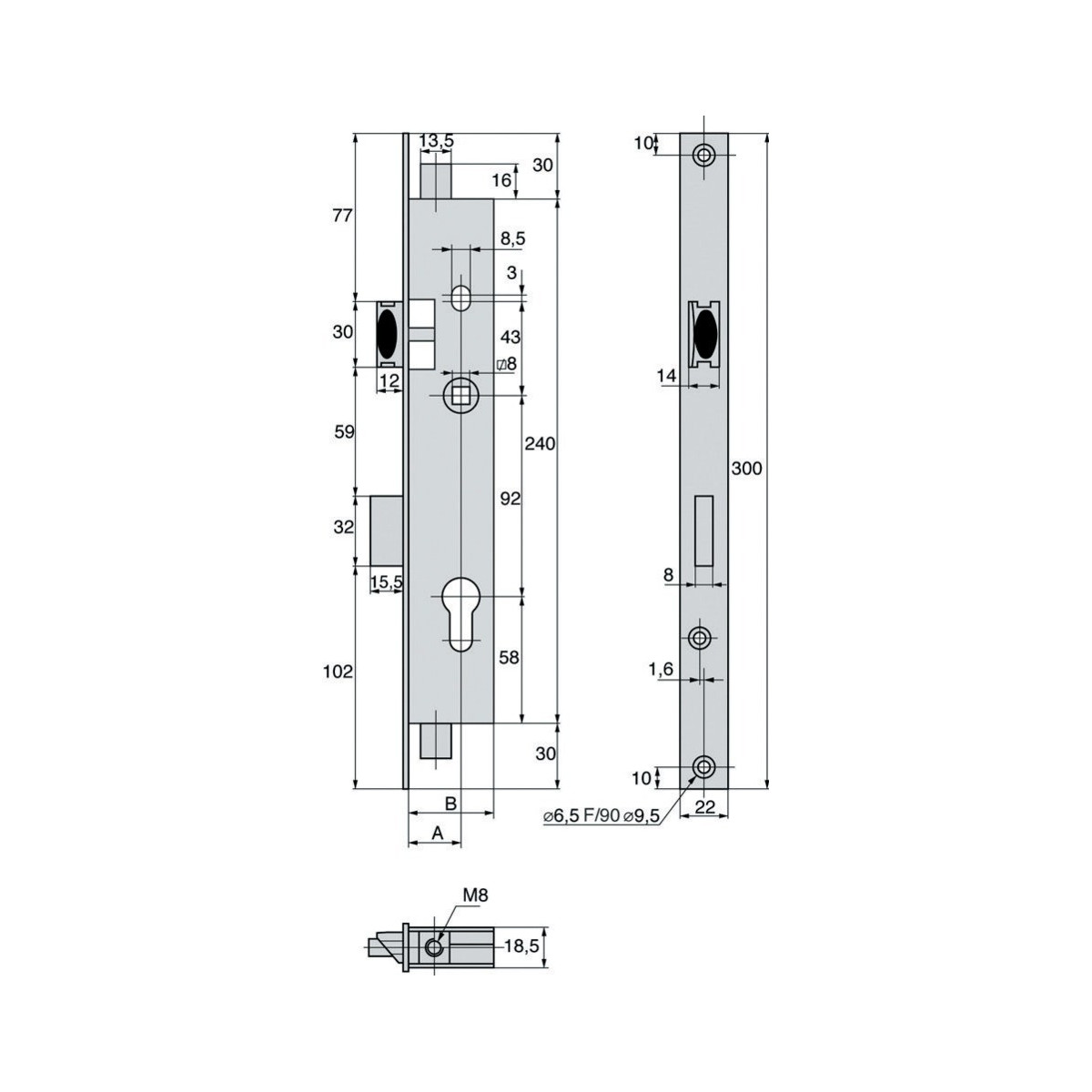 POIGNET SERRURE A CYLINDRE 3 CLE REF.(C55C6) CLE D'OR CHROME MIROIR